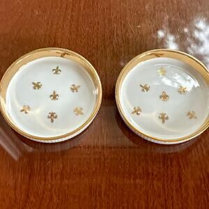 Vintage Fleur de Lis Porcelain Coasters Set of 2 Gold Trim Trinket Dishes